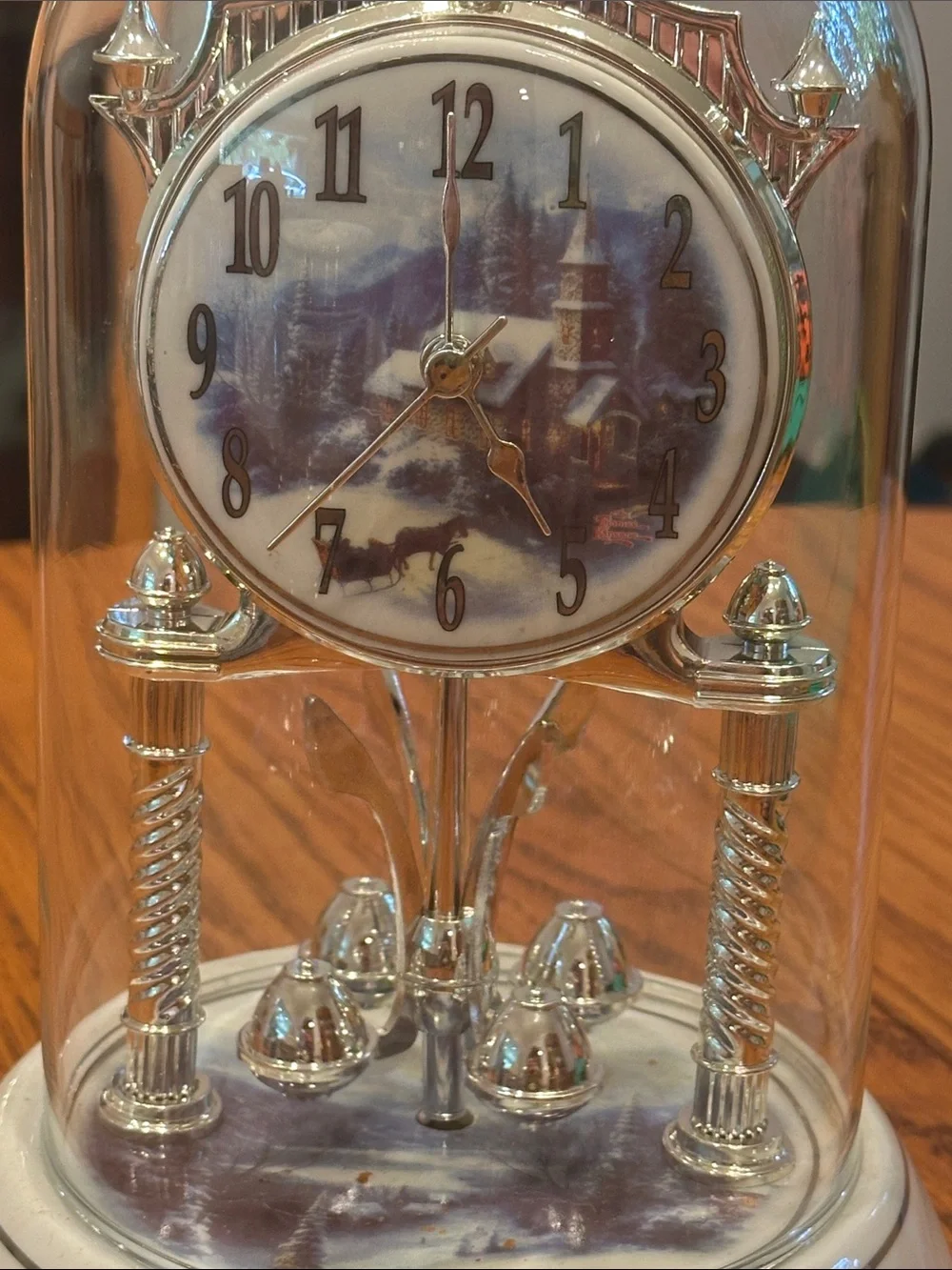 Thomas Kinkade Silver and White Dome Anniversary Clock with Scenic Dial